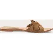 Beige Faux Suede Round Toe Flat Mule Sandals, Beige