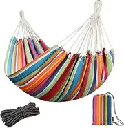 JoyView Brazilian Double Hammock with Hanging Ropes Extra Large 86.6x59” Portable Cotton Hammock for Patio Backyard Porch 450LBS Weight Capacity Perfect for Outdoor/Indoor - Color Stripes