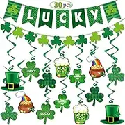 30Pcs St Patricks Day Decorations, Saint Patricks Day Accessories Set with Clover Lucky Banner, Green Shamrock Garland, Hanging Swirls Ornaments for Irish Happy St. Patrick's Day Party Supplies