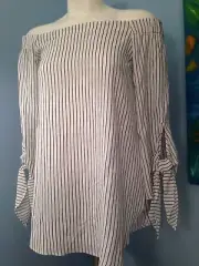 NWT Club Monaco Sophiya Top Size 0 White Black Pinstripes Tie Bell Sleeves