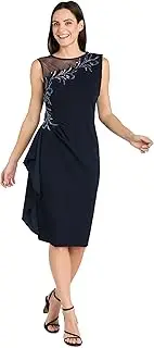 [R&M Richards] Elegant Knee Length Scuba Crepe Dress W/Side Ruched Cascade, Illusion Neckline & Beaded Trim