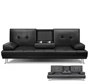 ALFORDSON 3-Seater Sofa Bed Lounge Convertible with Adjustable Backrest Recliner, Couch Futon Loveseat with PU Leather Upholstery Blind Tufts, Guest Sleeper Daybed Chair with Cup Holders,188cm, Black