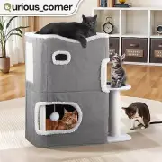 2 Tier Indoor Cat Beds / Kitten Pussy House w/ Scratching Pole Top Hammock Bed