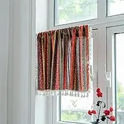 FaceYee Bohemian Striped Tassels Cabinet Short Curtains Half Curtain Valance Semi-Shading Geometric Printing Rod Pocket One Panel(W60XL18in,150X45cm) Color:Red