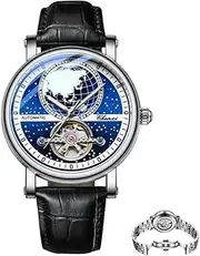 [DAXIAOYU] Men's Fully Automatic Starry Sky Mechanical Wristwatch with Waterproof Leather Strap, World Map Hollowed Out Luminous Dial, Men's Wristwatch, Black, Luxury