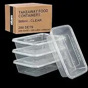200 Pack Plastic Takeaway Food Containers Disposable with Lids 500mL - Microwave, Freezer & Dishwasher Safe - Reusable & Stackable Meal Prep Containers - Clear, BPA-Free Food Containers for Storage