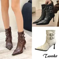 在飛比找momo購物網優惠-【Taroko】酷帥騎士鉚釘尖頭細高跟短筒靴(3色可選)