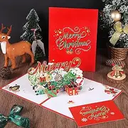 3D Pop Up Christmas Card Merry Christmas Greeting Cards Happy New Year Xmas Gift Cards Happy Holiday Theme Card, Red