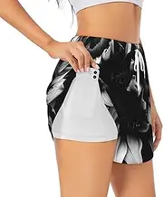 [WURTON] Black and White Sunflowers Print Exercise Gym Workout Shorts Women's Athletic Shorts Dual-Layered Yoga Running Shorts