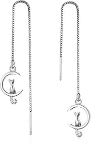 [Generic] White Gold Plated Long Tassel Chain Sweet Cat on Moon Dangle Drop Threader Earrings for Women, White Gold