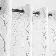 Kotile White Net Curtains for Bedroom - Metallic Silver Foil Tree Branch Printed Sheer Curtains Eyelet Top Soft Voile Curtain 2 Panels for Nursery Room, 66 x 54 Inch Drop, 1 Pair