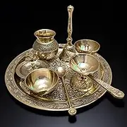 Brass Pooja Thali Set 8 Pcs – 8 Inch Aarti Plate with Kalash, Diya, Dhup Dan, Bell, Bowl, Spoon | Hindu Puja Thali for Diwali, Home Mandir, Office, Wedding & Return Gift Items
