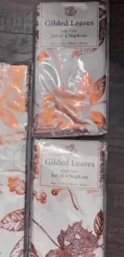 New Benson Mills Set 18" x 18" Easy Care Napkins Gilded Leaves Ivory Rust