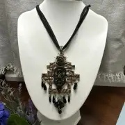 Chicos 30in Leather Cord Large Antique Gold Tome Rhinestone Jade Pendant