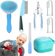 Cat Hair Brush Kit | Dog Shampoo Brush with Nail Clipper and File | Include Pet Flea Comb and 2 Finger Toothbrushes, Complete Hair Care Set