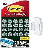 Command Outdoor Light Clips, Damage Free Hanging Outdoor Light Clips with Adhesive Strips, No Tools Wall Clips for Hanging Outdoor Lights and Cables, 20 Clear Clips and 24 Command Strips