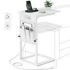 C Shaped End Table with Charging Station, Adjustable Height Side Table White