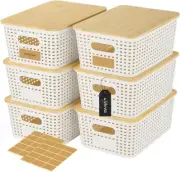 6 Pack Plastic Storage Baskets with 30Pcs Labels Bamboo Lid Containers Stackable