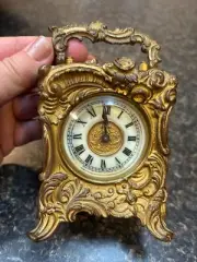Antique Ansonia Gem Carriage Clock Gold Gilt Mechanical Wind Up Works USA