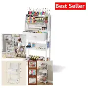 Durable White Metal Utility Cart - 3-Tier Storage with Sliding Drawer & Wheels