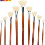 Artist Fan Paint Brush Set of 9, White Hog Bristle Natural Hair Anti-Shedding Br