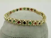 7.10CT Princess Cut Simulated Ruby Emerald Bracelet 925 SilverYellow Gold Plated