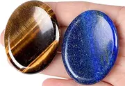 2PCS Worry Stone for Anxiety Tiger's Eye Lapis Lazuli Healing Crystals Hand Carved Thumb Stones Pocket Meditation Oval Shaped Crystal Natural Reiki Relax Palm Stone Therapy Relief Gift