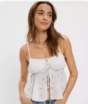 NWT American Eagle Crop Front Tie White Eyelet Babydoll Tank Cami Top Size Small