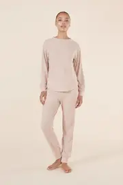 Ladies Gingerlilly Beige Waffle Long Pyjama Set Loungewear PJS (Lainey)
