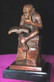 "Higher Learning" Reading Ape Real Bronze with Marble Base Signed Thinker