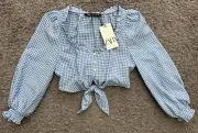 New Zara Blue Gingham Seersucker Crop Top Balloon Sleeve Tie Front Women's XS