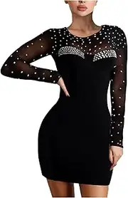 [CHENXINXIN] ZHANGXIN Bodysuit Ladies Shiny Print Black Mesh Long Sleeve Patchwork Sheer Dress Evening Dress(Medium)