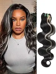 AUROO Platinum Blonde Highlight Mix Black Wavy 100% Brazilian Thick Track Strands Bundles #F1B/613 Ombre Stripe Balayage Single Bundles Quick Weave Remy Hair 10 Inch
