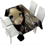 Dark Haired Beautiful Girl and Silver Eyed Wolf Tablecloth