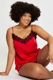 Red Satin Cami Pj Eyelash Trim Pyjama Set
