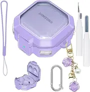 Purple Clear Case for Samsung Galaxy Buds FE/2 Pro/Pro/Live Secure Lock Cover with Cleaning Pen, Snap Switch for Galaxy Buds Fe Case with Silicone Wrist Strap Cute Flower Pendant Keychain for Women