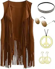 70s 80s Hippie Costume Women Fringe Vest Set Cowgirl Costume 70s Disco Outfit with Accessories, Earrings,Headband