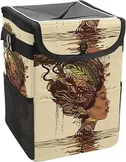 Car Trash Can with Lid and Storage Pockets Leak-Proof Organizer,Waterproof Garbage Can,Ethnic Hair African Women