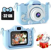 Kids Selfie Camera Toys for 3 4 5 6 7 8 9 10 11 12 Year Old Boys/Girls, Kids Digital Camera for Toddler with Video, Christmas Birthday Festival Gifts for Kids, Camera for Kids, 32GB SD Card (Blue Cat)