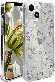 SANHERW Compatible for iPhone 13 Case, [ Cute Flower Floral Design ] Shockproof Transparent Military Grade Drop Protection with Camera Lens Protection Frame for Women Girls Covers - Clear