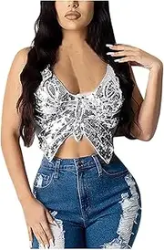 [Generic] Basics Tops Vest Top Sparkly Crop Belly Dance Sequin Tank Women's Costume Outfits Bandage Bra Care Bear Top for Women