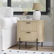 Merryluk Fluted Bedside Table with 2 Drawers Dresser, Modern Wood Chest of Bedside Table with Curved Profile, Fluted Dresser & Wood Drawer Organizer for Bedroom