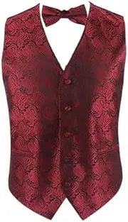 [Zasel] Mens Dark Red Boho Paisley Patterned Vest Waistcoat & Matching Bow Tie
