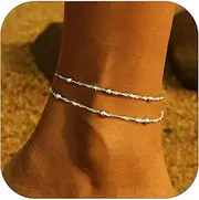 [HARJJME] Anklet for Women Silver 925 Gold Anklet for Women Double Heart Beads Plate Twist Infinity Anklet Waterproof Adjustable Anklet Layered Summer Beach Foot Jewellery Gift