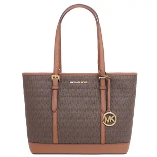 MICHAEL KORS 經典老花托特包 防刮PVC皮革 側/肩背包 手提包 M50957 深咖啡色MK(現貨)▶指定Outlet商品5折起☆現貨