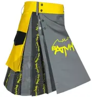 Grey Batman Hybrid Utility Kilt for Men – Superhero Style Gothic Yellow Pleats