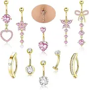 [CASSIECA] 10PCS 14G Belly Button Ring Dangle Navel Belly Piercing Jewelry Cute CZ Butterfly Heart Bow Flower Clicker Belly Rings for Women Stainless Steel Dainty Belly Ring Dangling Piercing, Metal,