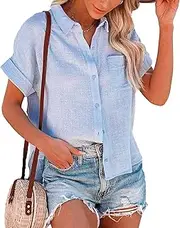 [Zylphorix] Women Cotton Trendy Street Casual Shirt Single Breasted Button Lapel Blouse Summer Front Pocket Cardigans Tops