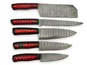 Custom Handmade Damascus Kitchen Knife Set 5 pieces Wood Handle With leather kit
