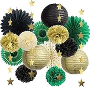 Green Black and Gold Party Decorations Paper Lanterns Black and Gold Tissue Paper Pom Poms Dark Green Black Gold Party Decorations for Fall Birthday Party Birthday Wedding Engagement